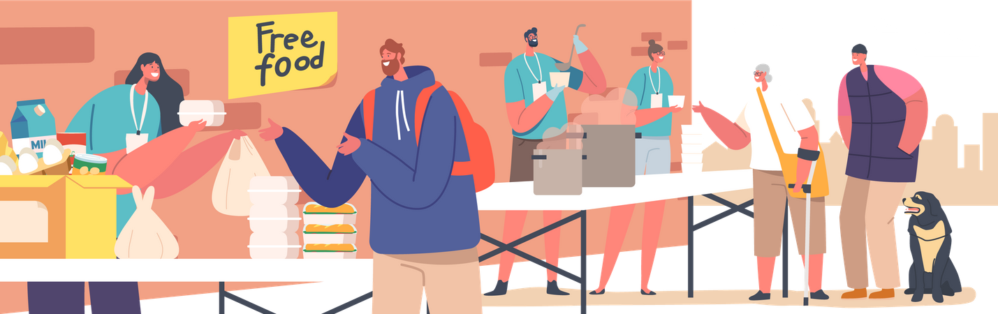 Poor People Stand in Queue for Getting Warm Food  Illustration