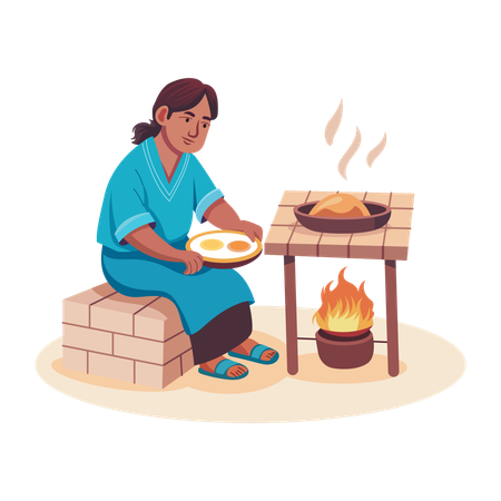 Poor woman Cooking food  Illustration