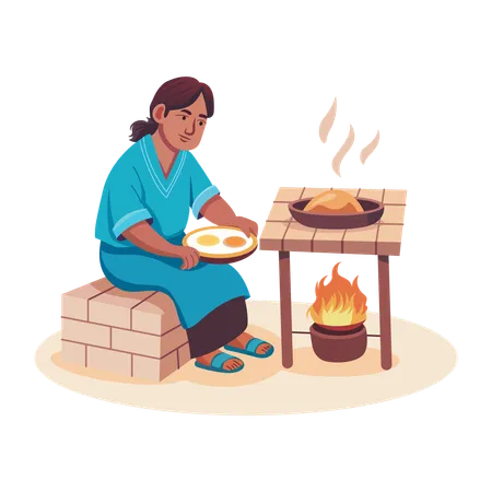 Poor woman Cooking food  Illustration