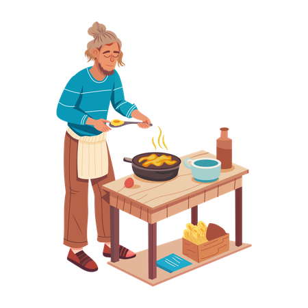 Poor woman Cooking food  Illustration