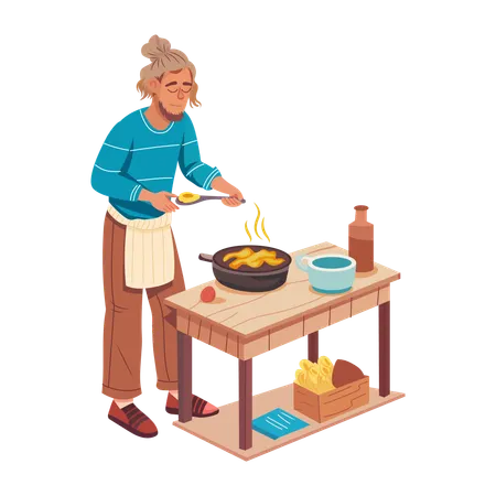 Poor woman Cooking food  Illustration