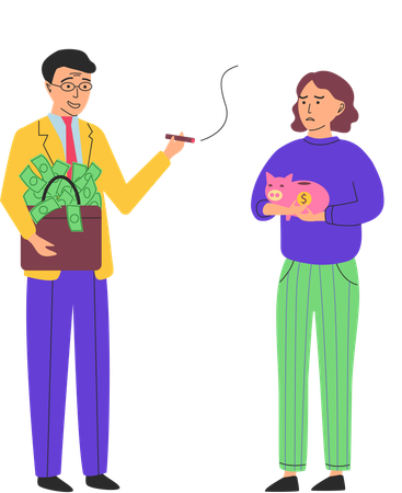 Poor woman holding piggy bank and millionaire with briefcase with money  Illustration