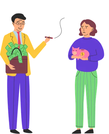 Poor woman holding piggy bank and millionaire with briefcase with money  Illustration