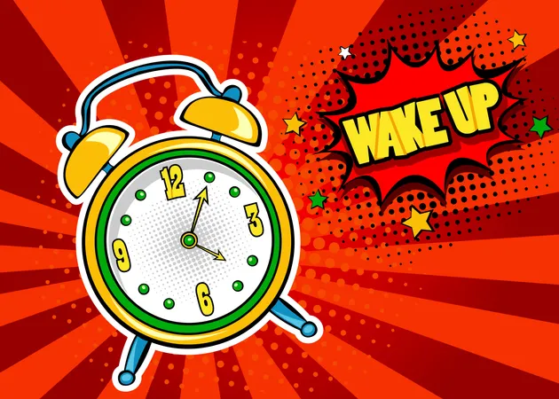 Pop art background with comic alarm clock ringing with speech bubble with Wake Up text  Illustration