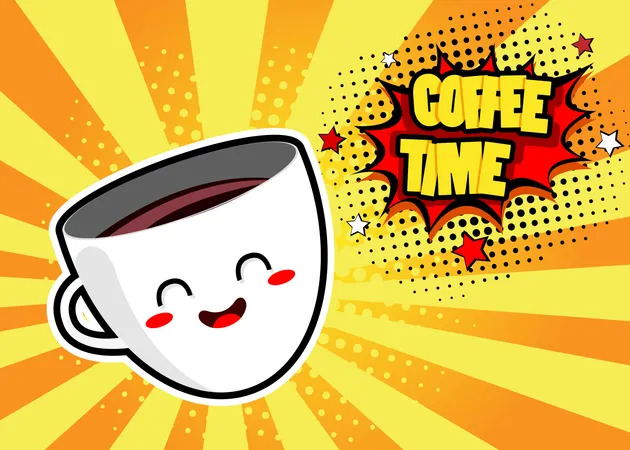 Pop art background with cute coffee mug and speech bubble with Coffee Time text. Vector colorful hand drawn illustration in retro comic style.  Illustration