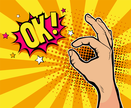Pop art background with male hand in suit showing okay sing and OK!  Illustration