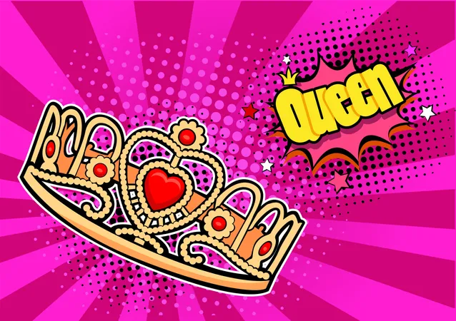 Pop-Art-Hintergrund mit Krone und Aufschrift „Queen“  Illustration