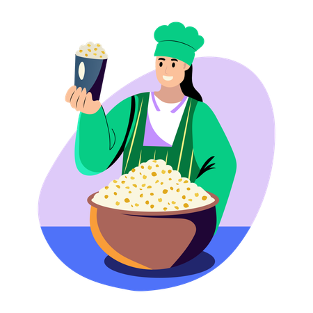 ポップコーンボックスを持ってポップコーンを作る  イラスト