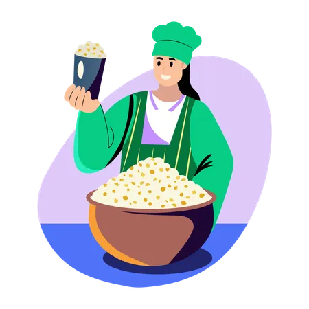 ポップコーンボックスを持ってポップコーンを作る  イラスト