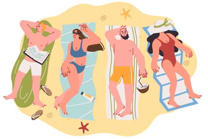 Pople enjoying summer vacation together on tropical island  Illustration