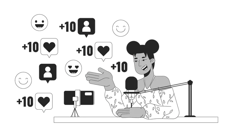 Popular Podcaster Talking Into Mic Black And White 2 D Illustration Concept Black Female Content Creator Cartoon Outline Character Isolated On White Social Media Metaphor Monochrome Vector Art Illustration