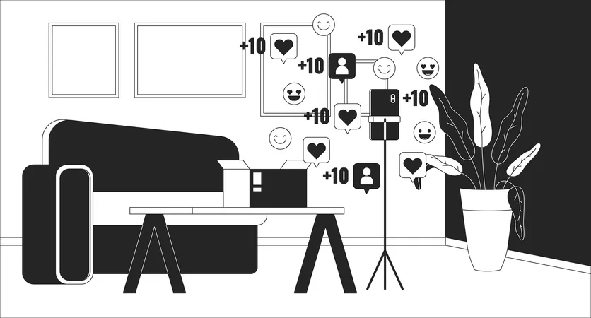 Popularity Unboxing Video On Social Media Black And White Line Illustration Stylish Living Room With Phone Tripod 2 D Interior Monochrome Background Parcel Opened Reactions Outline Scene Vector Image Illustration