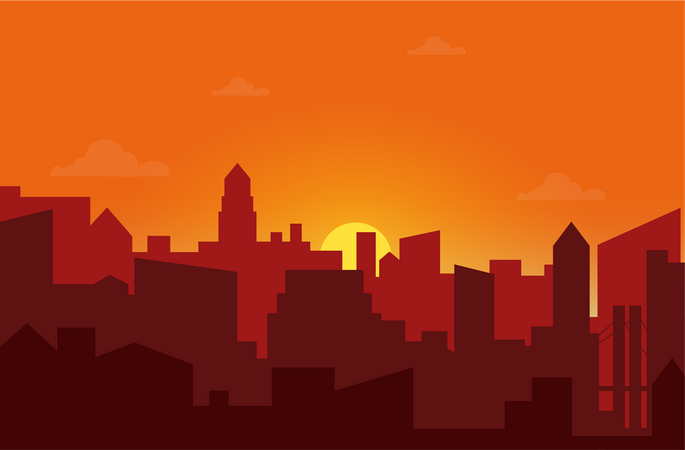 Pôr do sol atrás da cidade  Ilustração