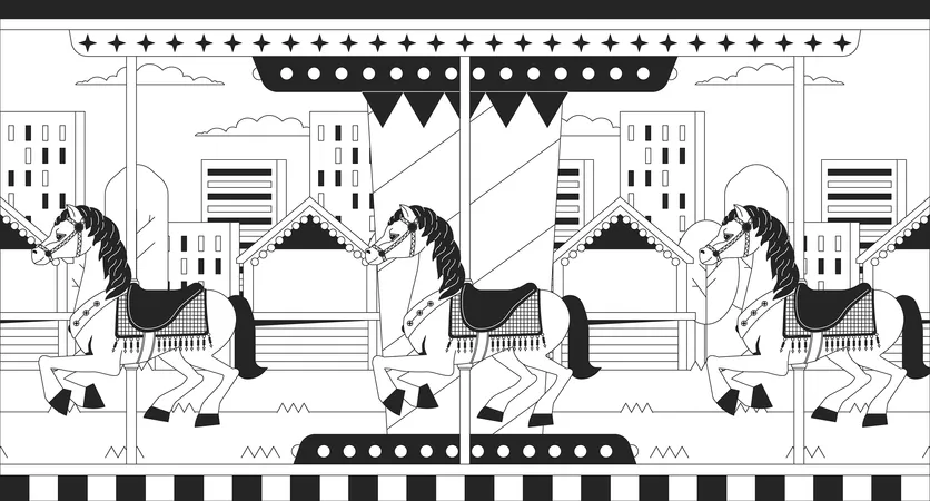 Cavalos de carrossel da cidade do pôr do sol  Ilustração