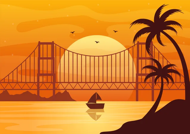 Sol se pondo entre a ponte da cidade  Ilustração