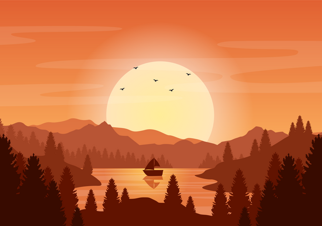 Pôr do sol no lago  Ilustração