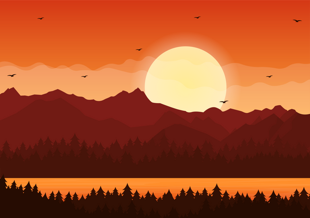 Pôr do sol no vale da montanha  Ilustração
