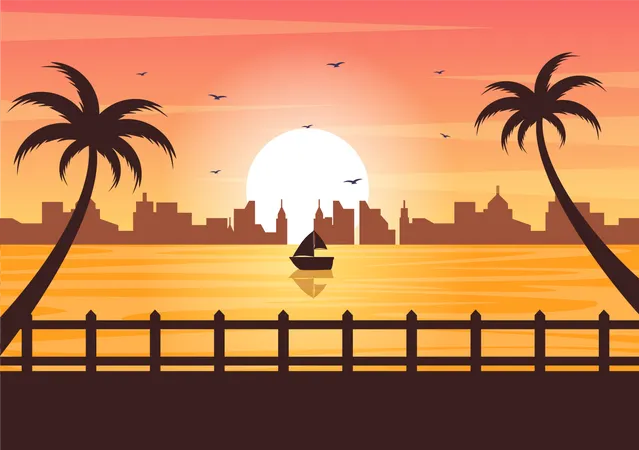 Paisagem do pôr do sol  Ilustração