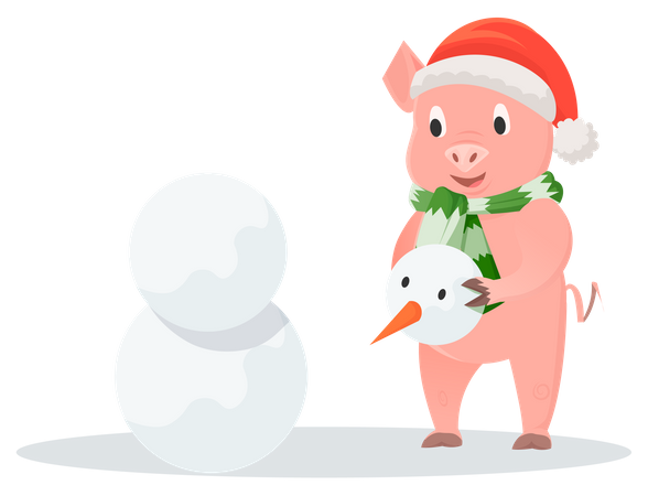 Porco sorridente fazendo um boneco de neve  Ilustração