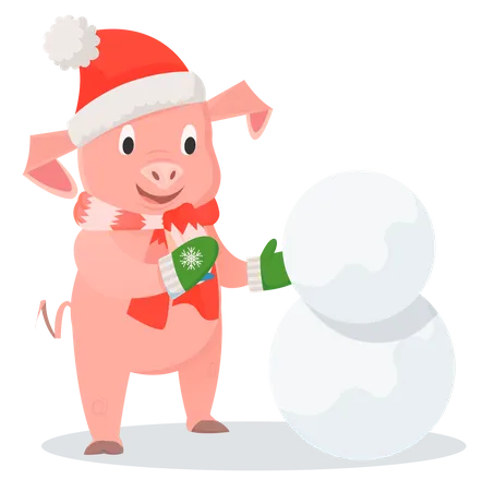 Porco sorridente fazendo um boneco de neve  Ilustração