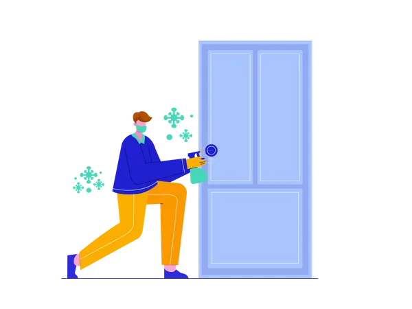 Homem higienizando porta  Ilustração