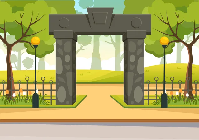 Portal Com Entrada De Arco De Pedra De Paisagem De Verao Para Parque Publico Grama Verde Ou Jardim Em Ilustracao De Modelo Desenhado A Mao De Desenho Animado Plano Ilustração