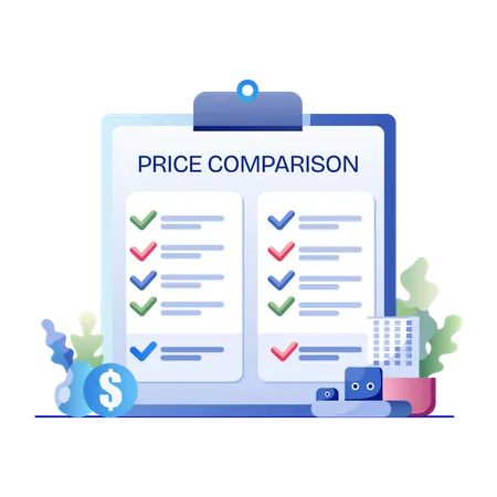 Portapapeles con lista de verificación para comparación de precios  Ilustración