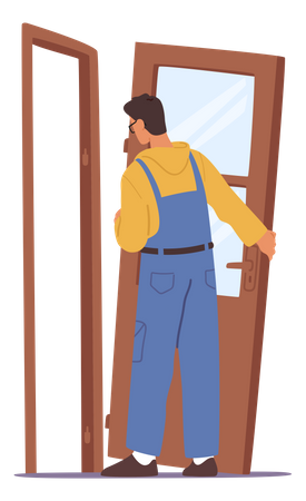 Carpinteiro consertando portas  Ilustração