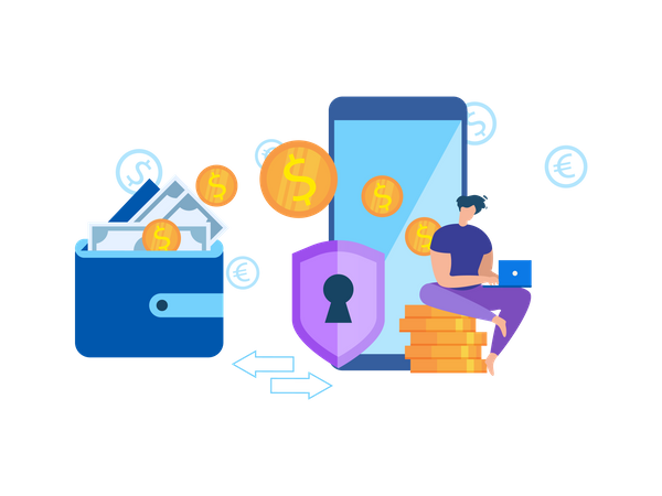 Portefeuille de transfert d'argent vers une application de téléphone mobile  Illustration