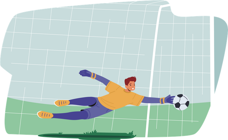 El portero de fútbol atrapa la pelota en un partido de fútbol.  Ilustración