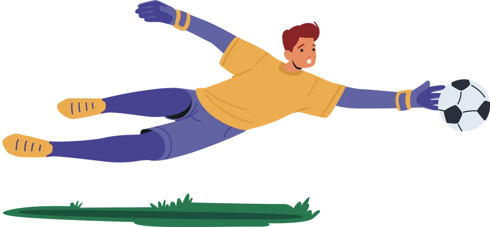 El portero de fútbol salta y atrapa la pelota en un partido de fútbol.  Ilustración