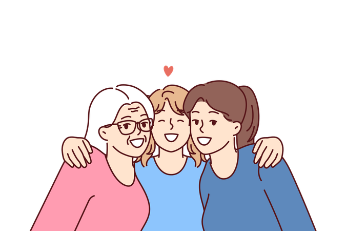 Portrait de famille trois générations féminines avec une adolescente embrassant amoureusement sa mère et sa grand-mère  Illustration