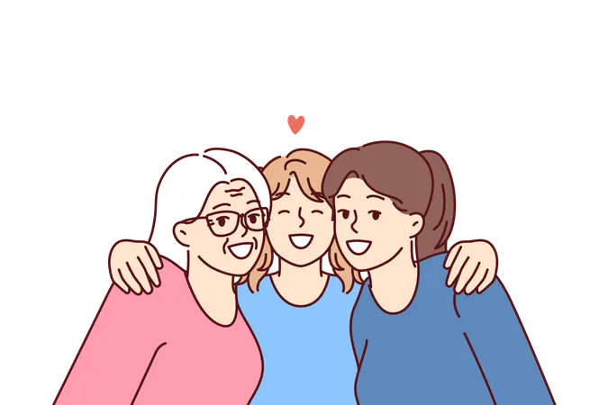 Portrait de famille trois générations féminines avec une adolescente embrassant amoureusement sa mère et sa grand-mère  Illustration