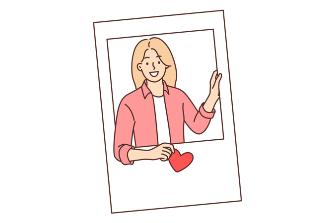 Portrait girl peeking out of photo frame and holding heart in hand  Illustration