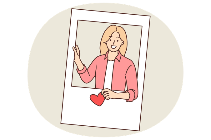 Portrait girl peeking out of photo frame and holding heart in hand symbolizing love for boyfriend  Illustration