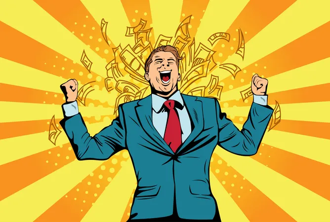 Portrait of a happy businessman standing near a wall with dollar bills falling around him. Financial success celebrating with money, pop art retro comic book vector illustration Lottery and cash prize  Illustration