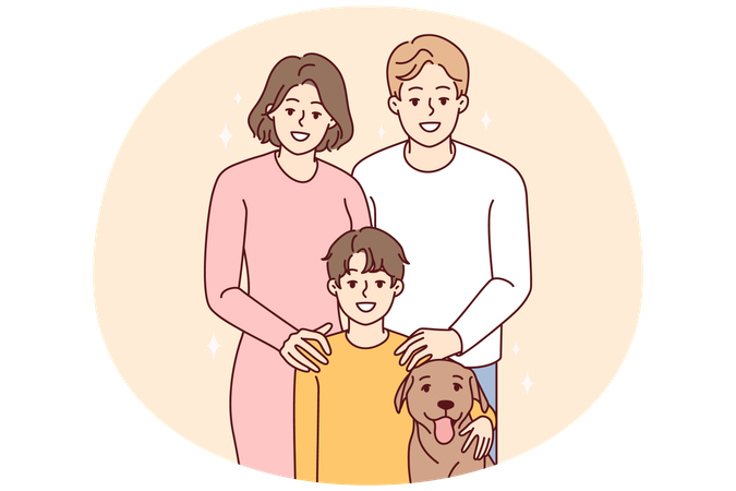 Portrait of family with child and dog  Illustration