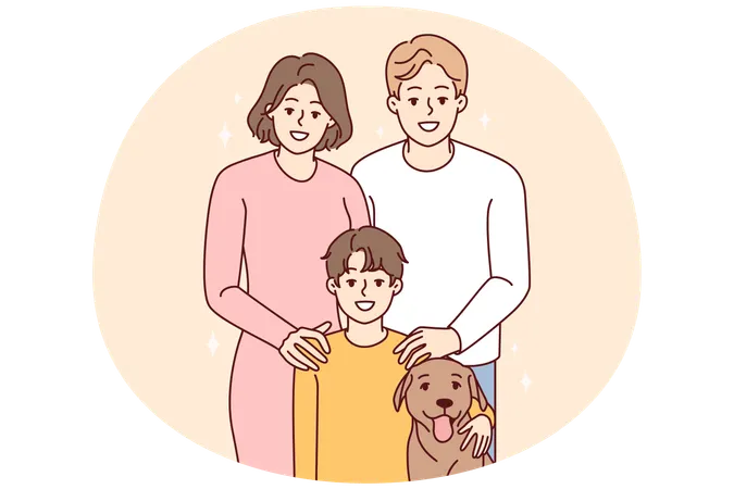 Portrait of family with child and dog  Illustration