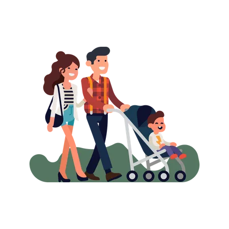 Portrait of happy Caucasian adult parents walking together carrying baby in stroller  Illustration