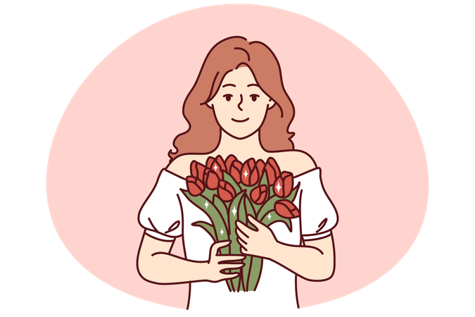 Portrait of woman with flowers in hands  Illustration