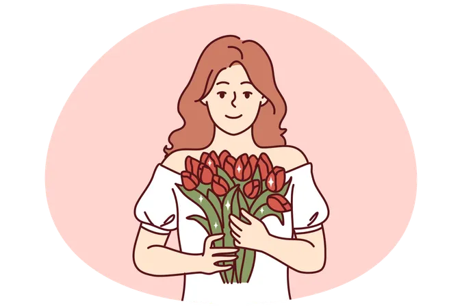Portrait of woman with flowers in hands  Illustration