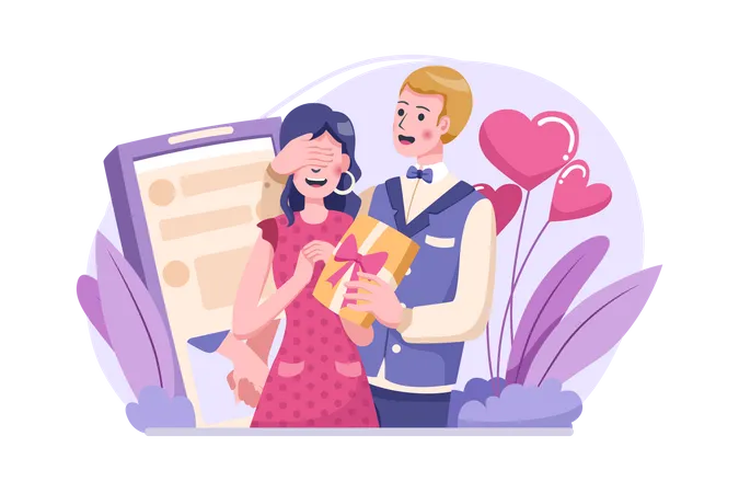 Portrait of young couple giving surprise gift on their love anniversary  Illustration