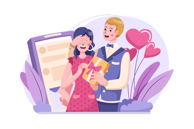 Portrait of young couple giving surprise gift on their love anniversary  Illustration