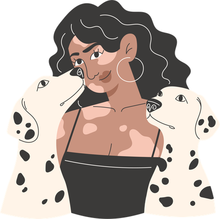 Portrait of young woman with vitiligo and two Dalmatians  Illustration