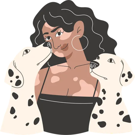 Portrait of young woman with vitiligo and two Dalmatians  Illustration