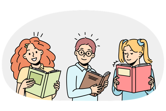 Porträts neugieriger Kinder, die gerne Papierbücher lesen  Illustration