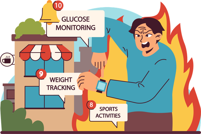 Portraying intensity of managing diabetes with glucose monitoring and weight tracking amidst daily life  Illustration