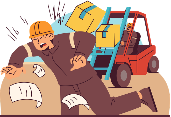 Portrays warehouse worker experiencing painful accident  Illustration