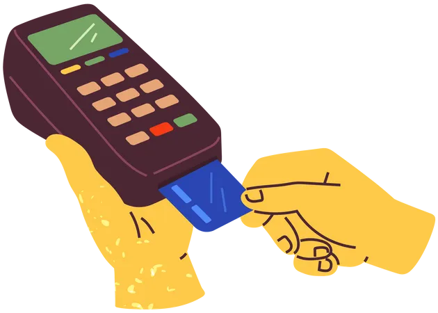Person Inserts Card Into Terminal For Payment Electronic Device For Accepting Payment POS Terminal With Display And Buttons For Bank Transactions Equipment For Transferring Funds From Card Illustration