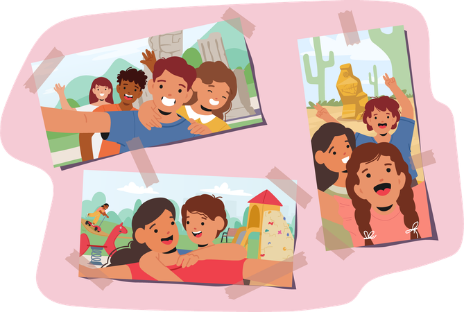 Posando felizmente y sonriendo durante varias actividades al aire libre en collage de tarjetas fotográficas  Ilustración